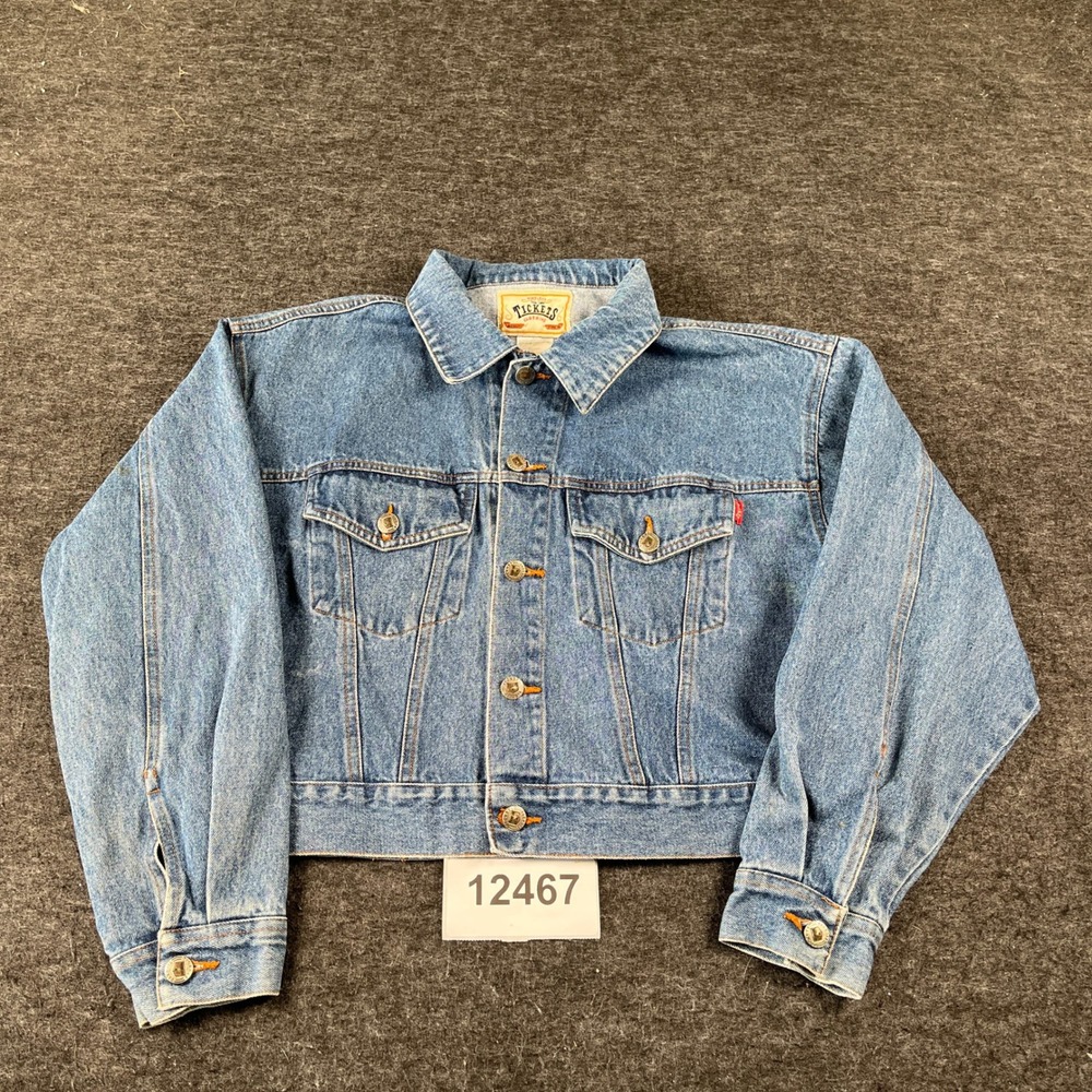 Vintage Timeless Tickets Cropped Cut Trucker Jacket Men Medium Blue Button Front
